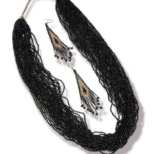 Black & Silver Seed Bead Necklace Earrings Set, Elegant Seed Bead Necklace Set
